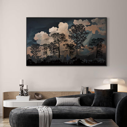 SIGNWIN 30"x60" Extra Large Framed Wall Art Silhouetted Trees at Dusk, Dramatic Forest and