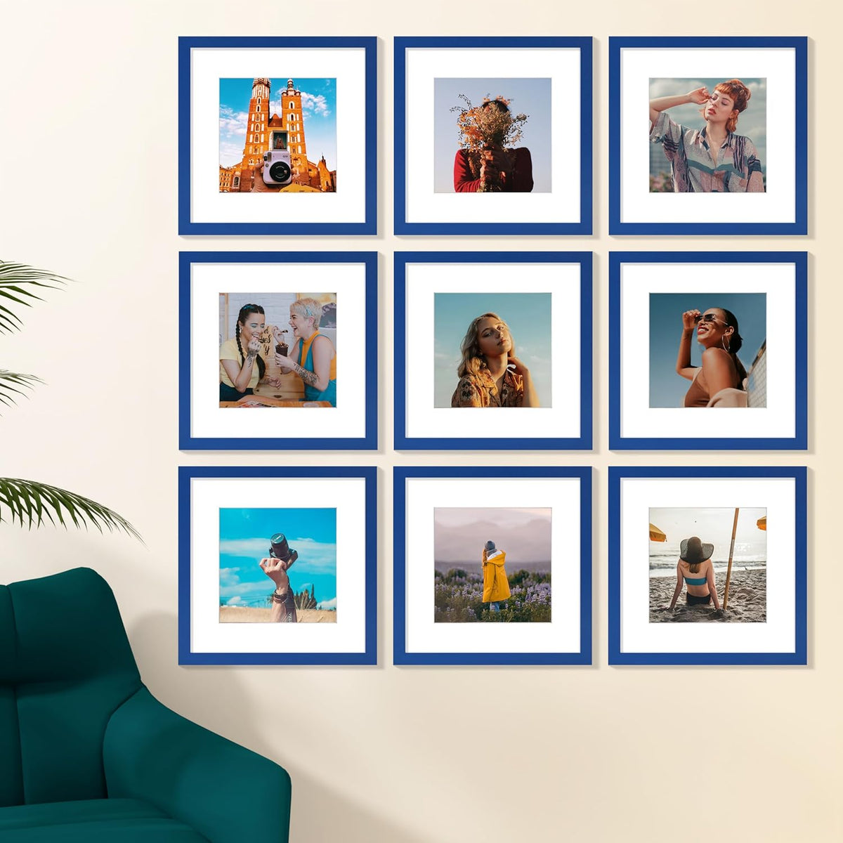 Vittanly 12x12 Picture Frame Set of 9 - Display 8x8 Photos with Mat or 12x12 Without Mat, Wall