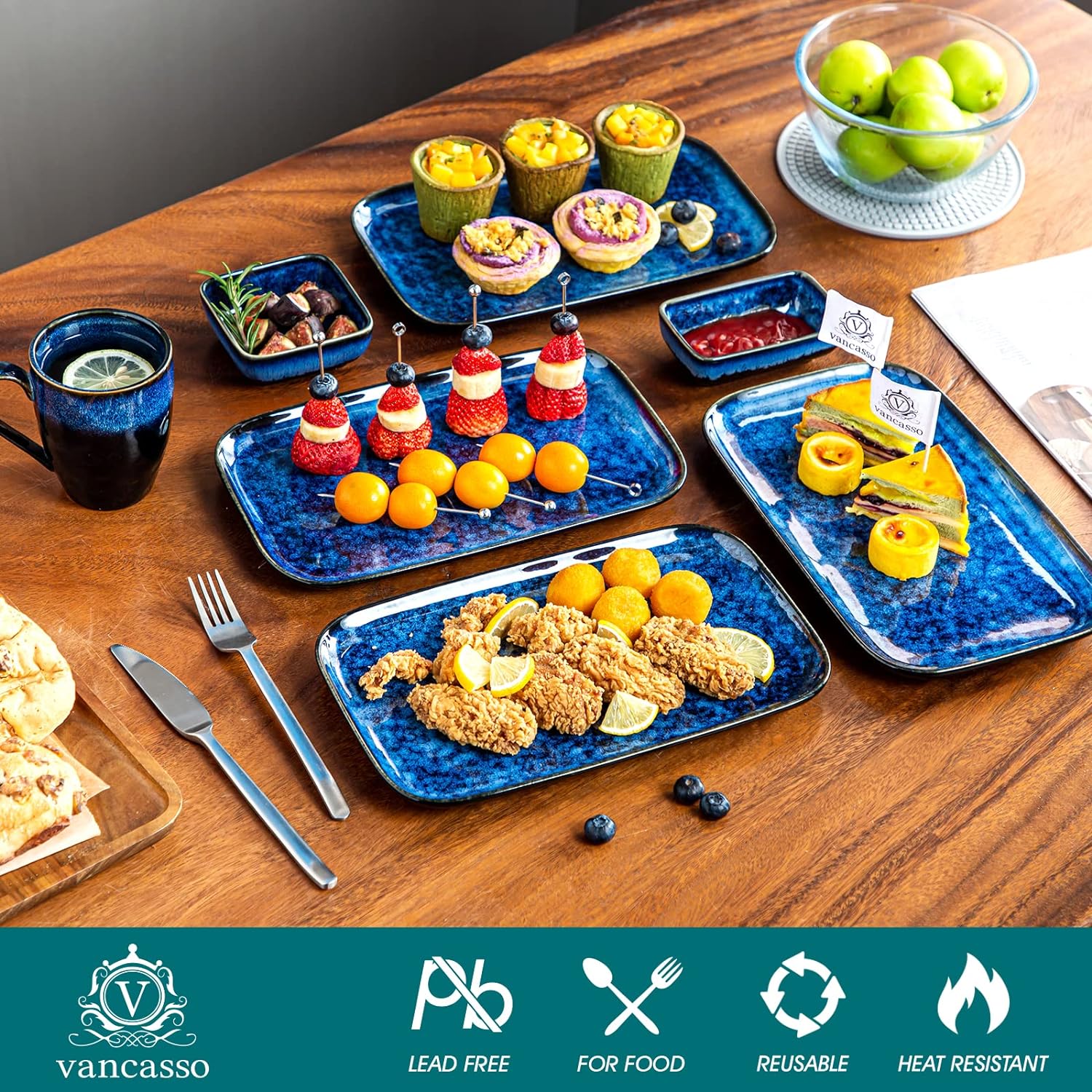 vancasso Stern Serving Platters Set of 4, 11 Inches Rectangular Ceramic Serving Plates, Blue