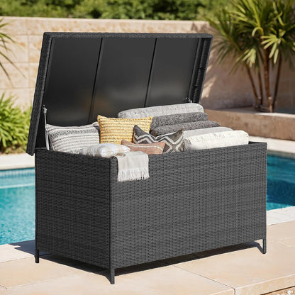 158 Gallon XL Deck Box with Lid, All Weather Wicker Outdoor Storage Box Waterproof, Large Outdoor