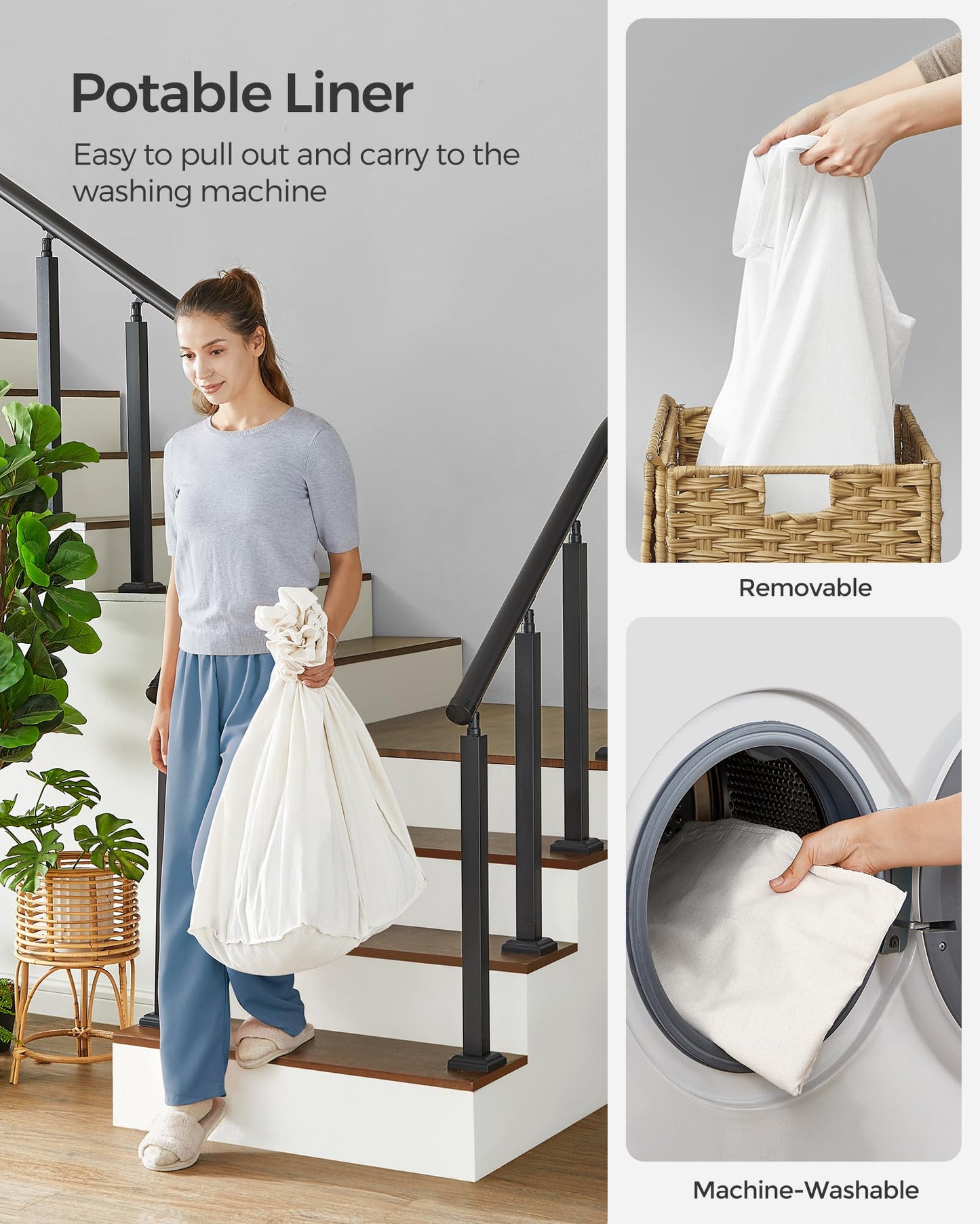 SONGMICS Laundry Hamper with Lid, 37 Gallons (140 L), Rolling Laundry Basket with Wheels, 3-Section