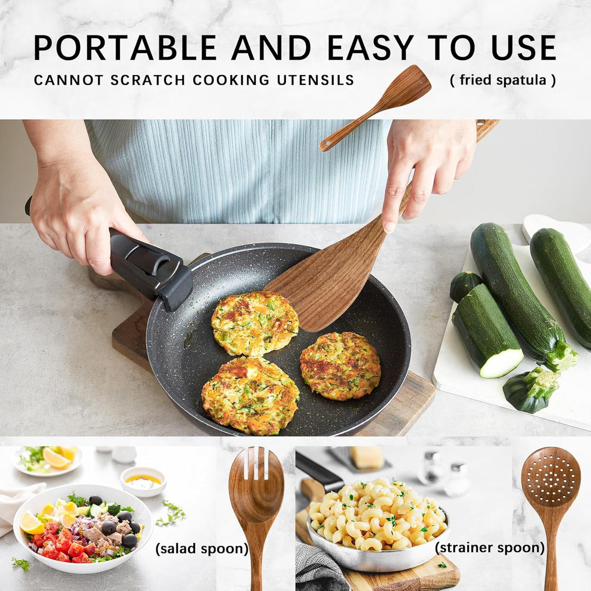 Wooden Spoons for Cooking, Nonstick Cooking Utensil Set with 4 Piece Acacia Wooden Spatulas and