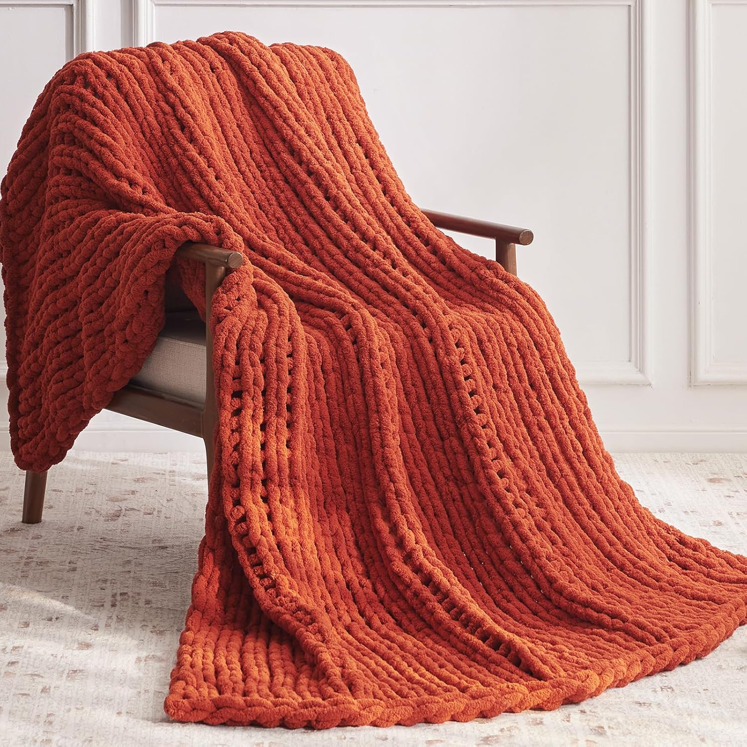 Chunky Knit Throw Blanket, 50''*60'' Knitted Throw Chenille Yarn for Bed Couch, Handmade Orange