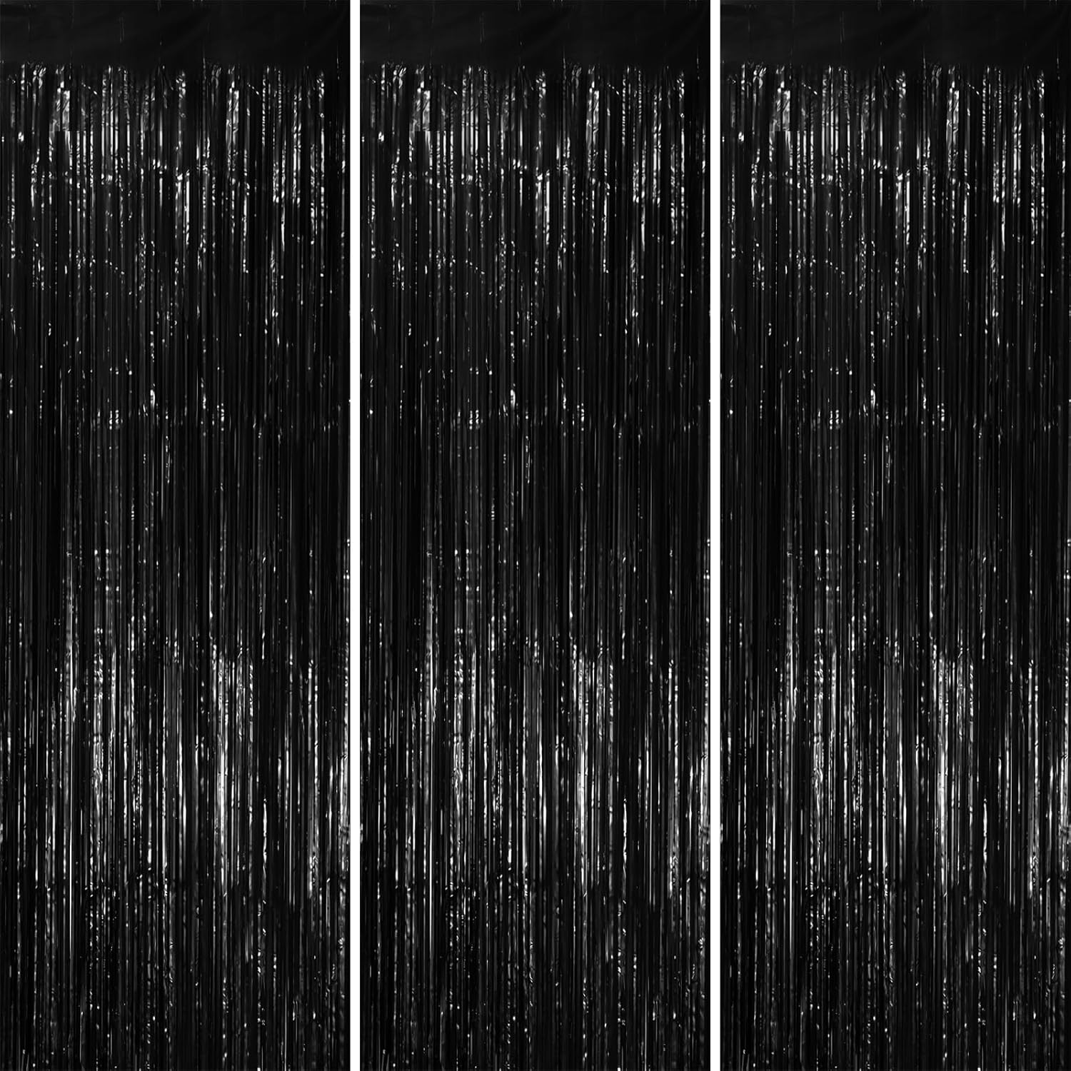 3 Pack 3.3x8.2 Feet Black Foil Fringe Backdrop Curtains, Tinsel Streamers Birthday Party