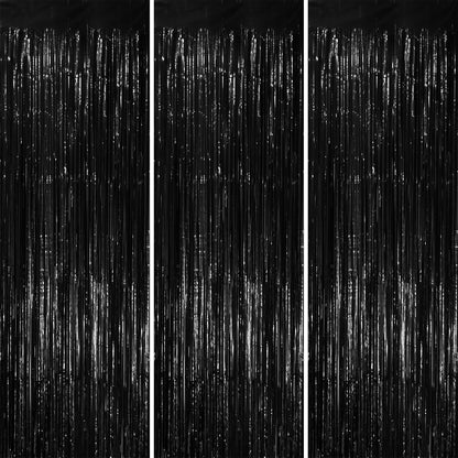 3 Pack 3.3x8.2 Feet Black Foil Fringe Backdrop Curtains, Tinsel Streamers Birthday Party