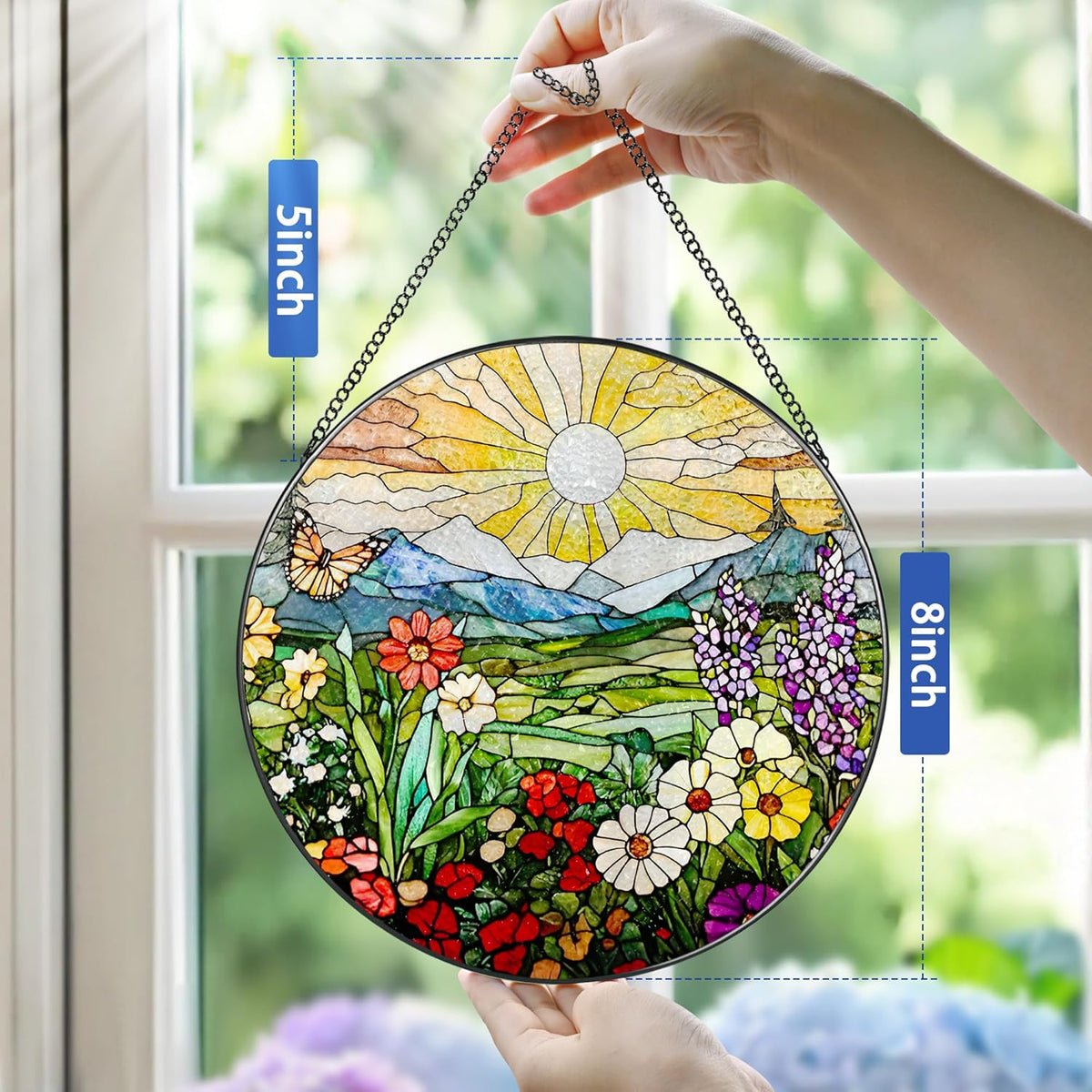 8 Inch Mountain Wildflowers Stained Glass Suncatcher, Suncatchers for Windows Hanging, Window