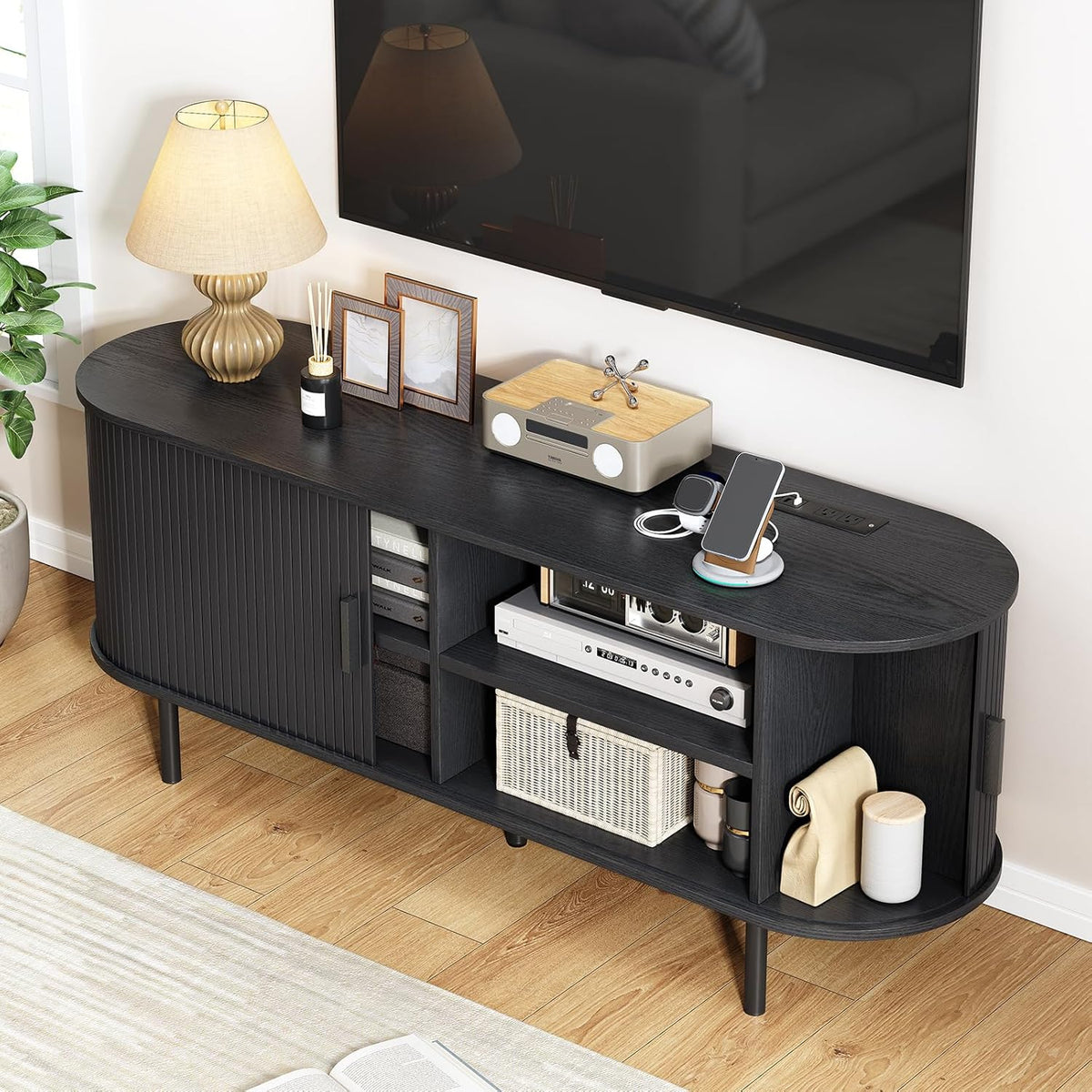 55" TV Stand with Power Outlet, Modern Media Console with Sliding Doors, Entertainment Center for