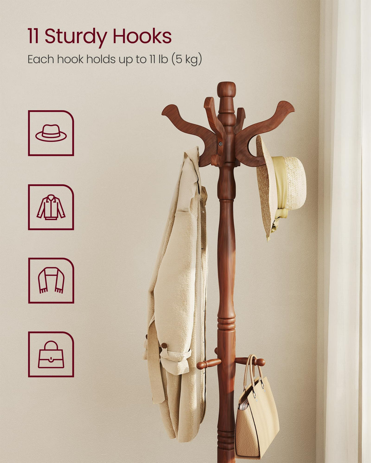 VASAGLE Freestanding Coat Rack, Rubber Wood Coat Tree with 11 Hooks