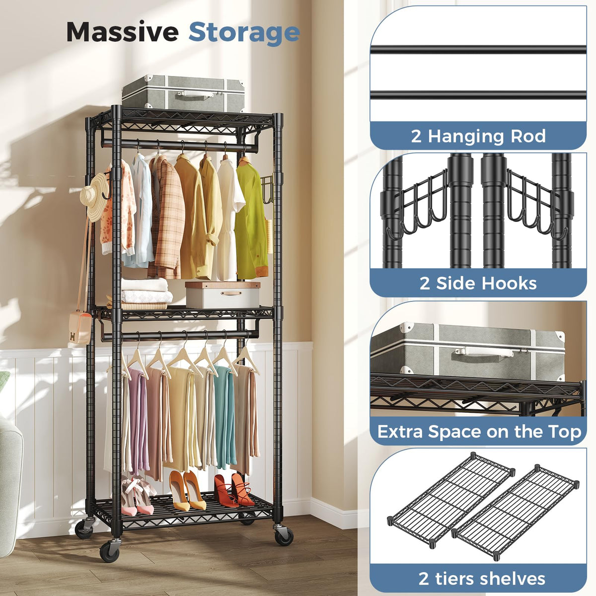 OLIXIS Clothes Rack Heavy Duty Adjustable Garment Clothing Rack with Wheels, Rolling Metal