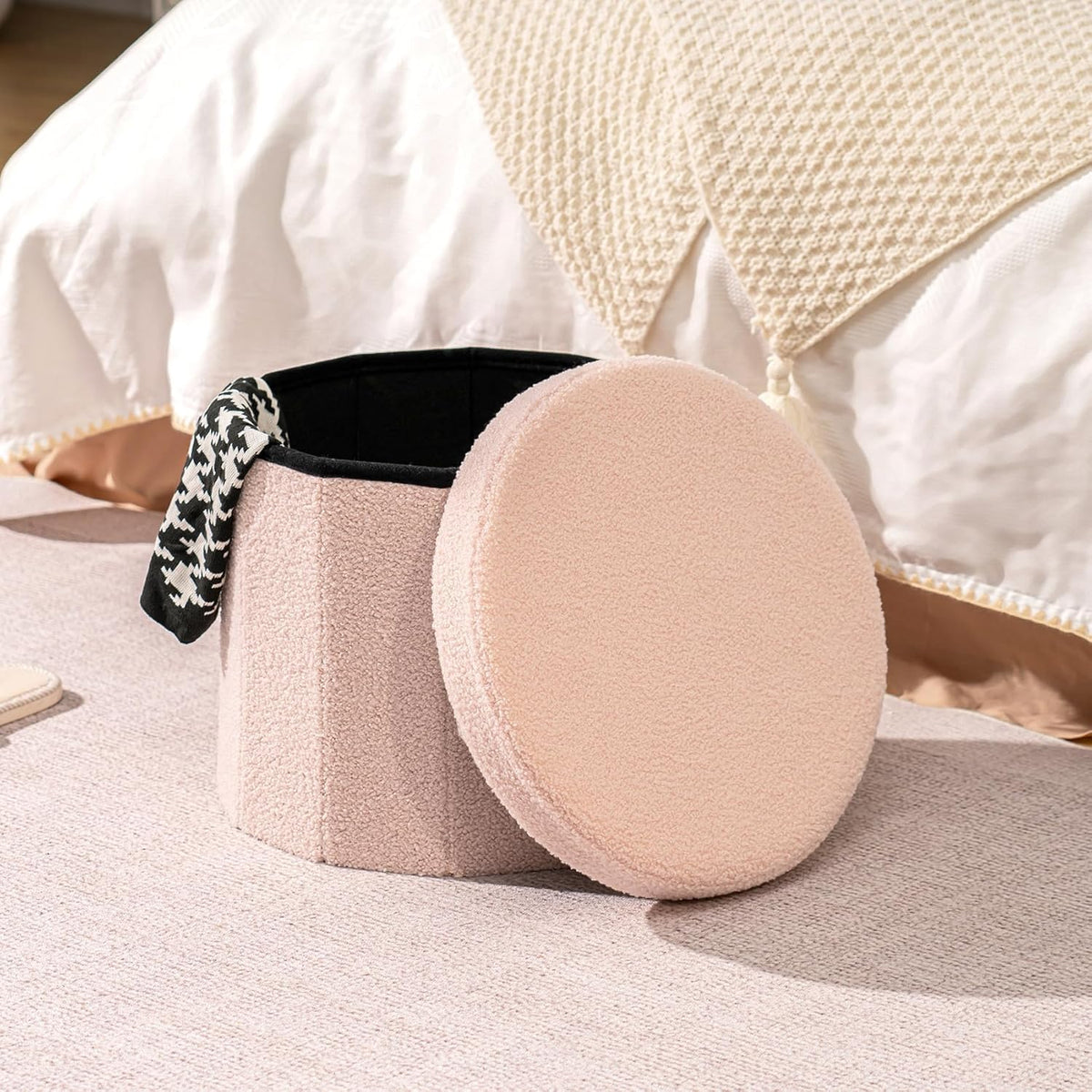 B FSOBEIIALEO Storage Ottoman Cube, Round Ottomans with Storage Foot Stool Footrest for Lving Room
