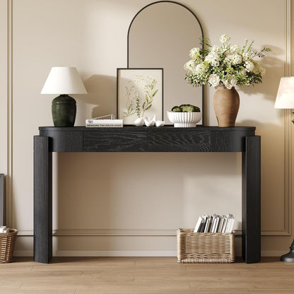 55" Sofa Table with Oval Top and 2 Drawers, Entryway Console Table with Fluted Design for
