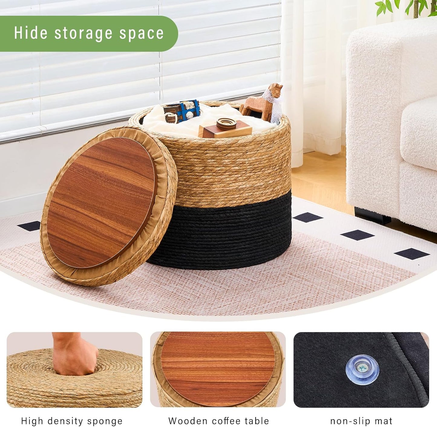 Wimarsbon 18'' Ottoman Pouf, Natural Braided Poof, Rustic Handweave Lounge Pouffe, Boho Footrest