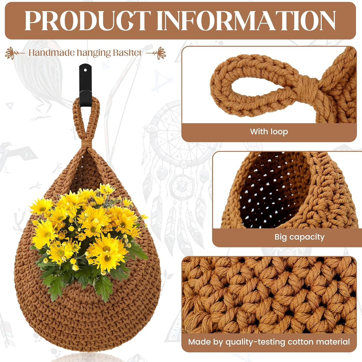 Hanging Fruit Baskets for Kitchen - 3 Pack Boho Wall Hanging Basket with 6 Pcs Strong Hooks