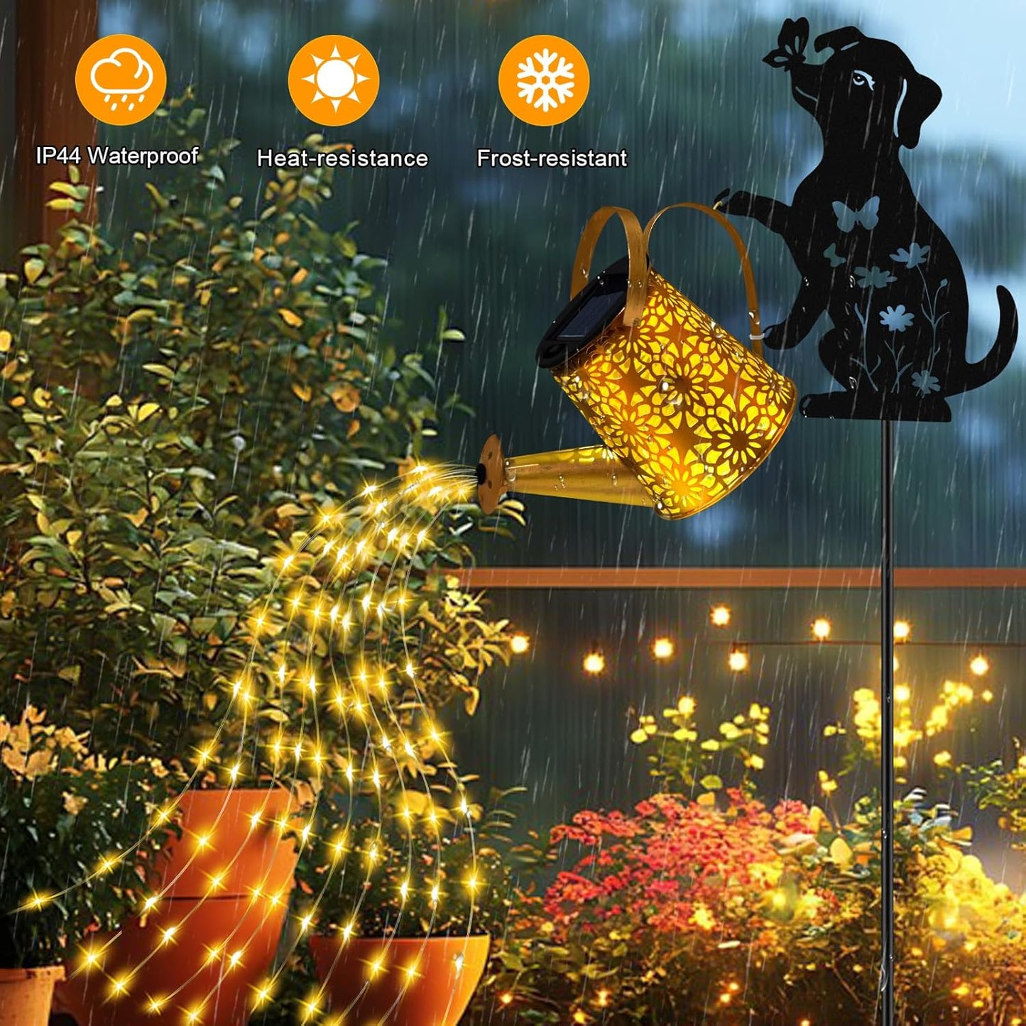 Solar Lights Outdoor Decorative, Watering Can with Cascading Lights, with Dog Silhouette Garden