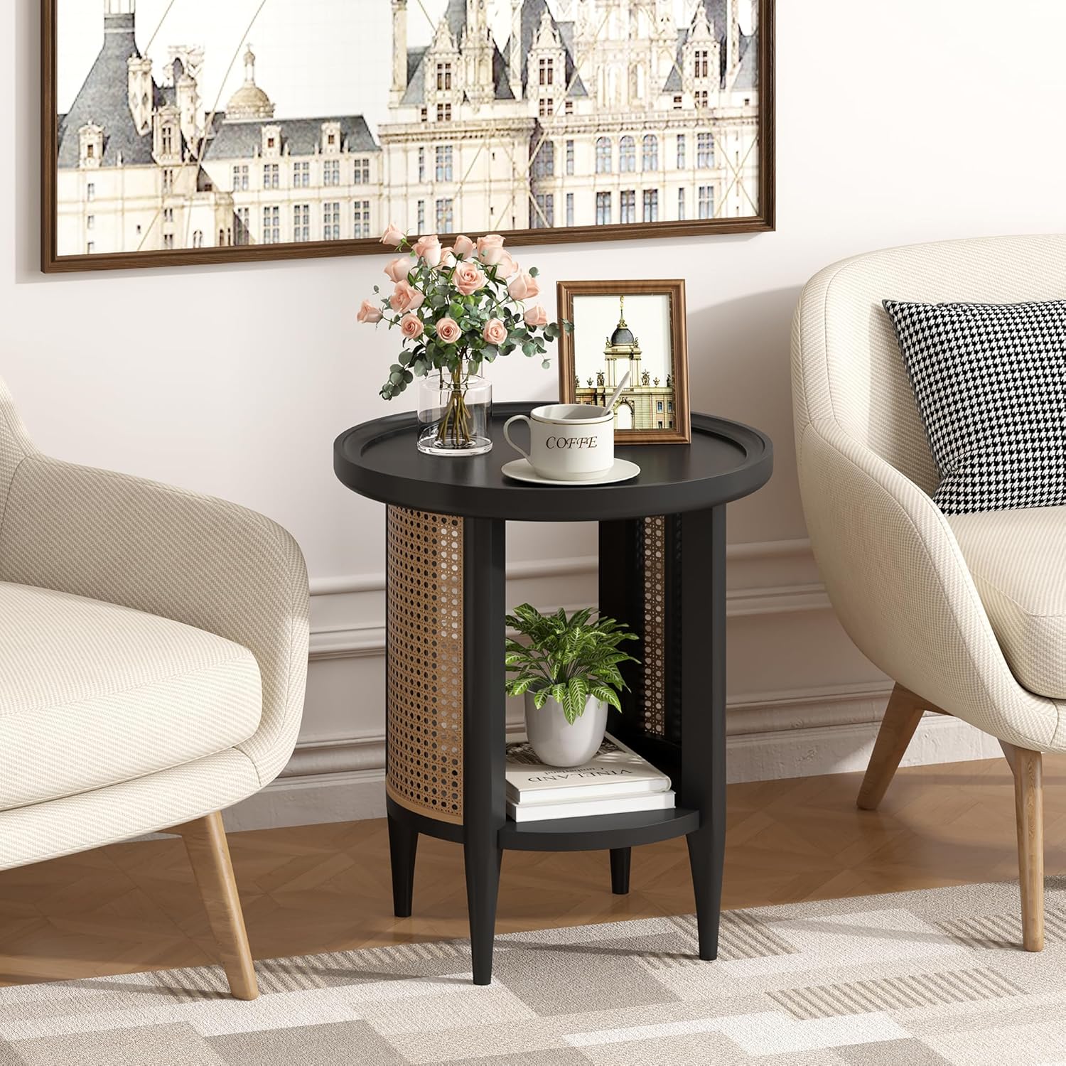 Yusong Round End Table Rattan Side Table with Solid Wood Legs, Boho Style Nightstand Bedside Table