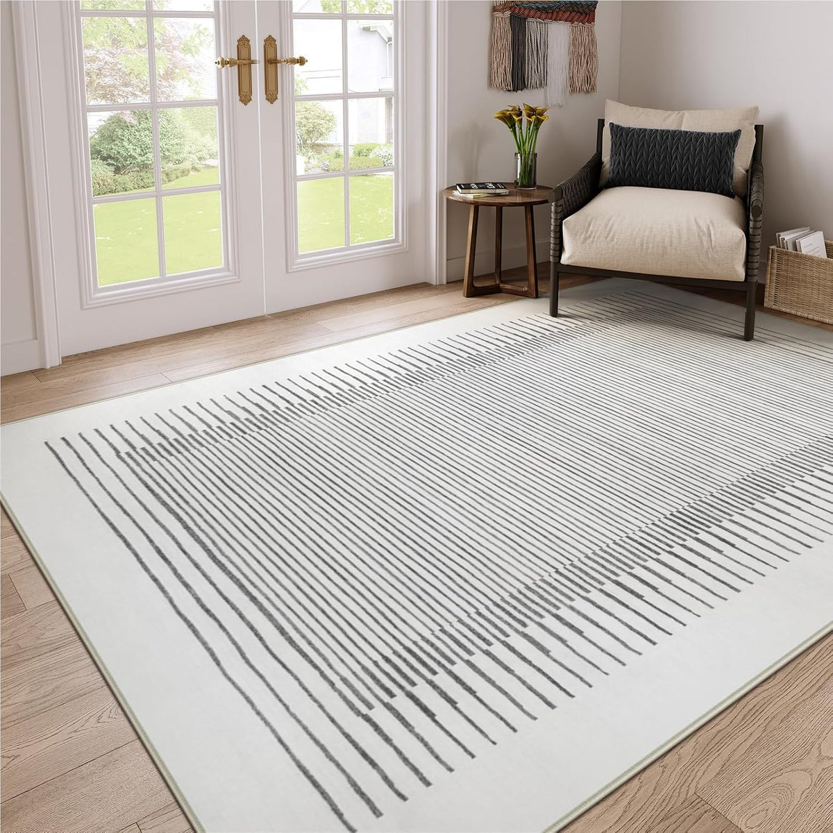 Wonnitar 5x7 Washable Striped Living Room Area Rug, Non-Slip Grey Boho Rugs for Bedroom, Low Pile
