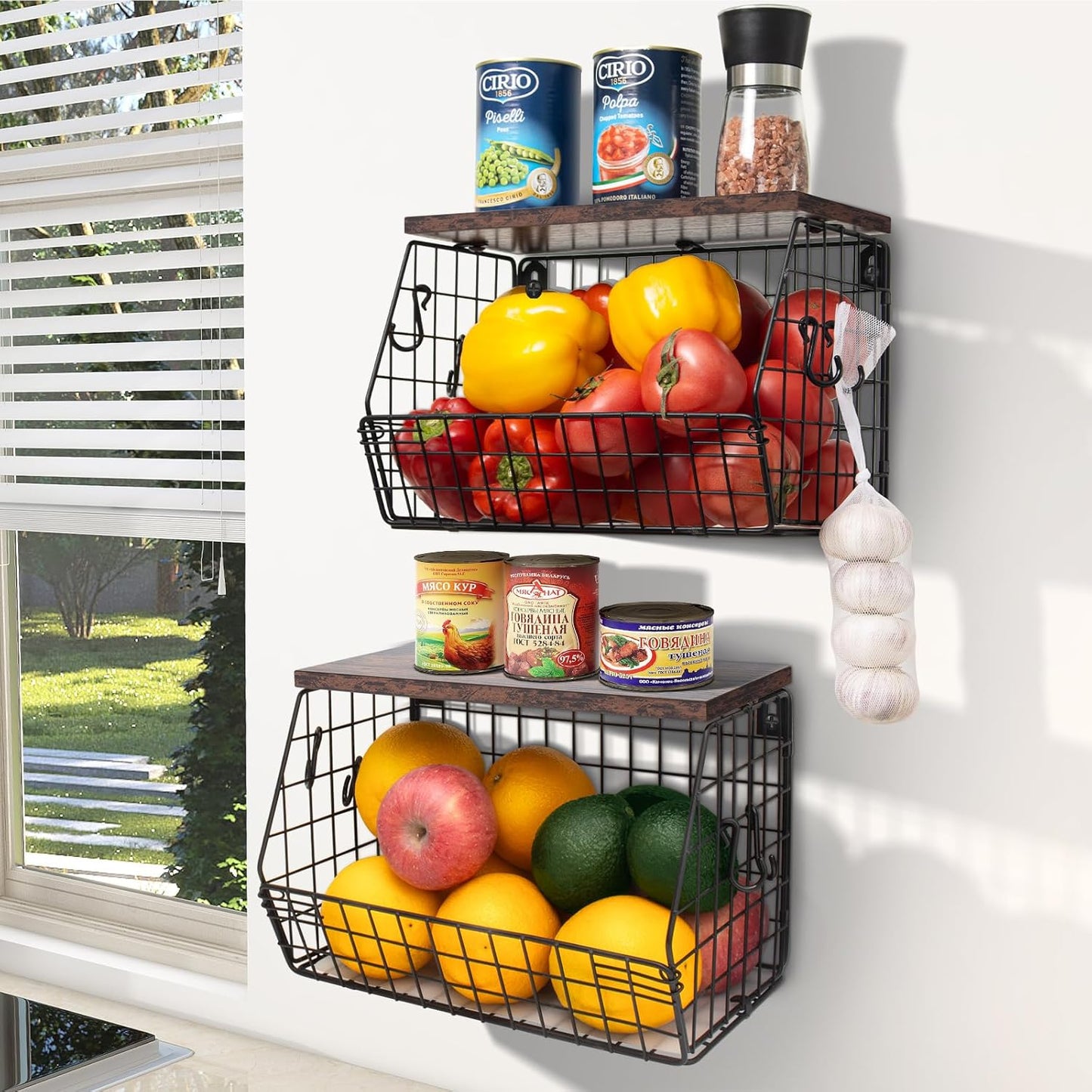 Fruit Bowl, Stackable Wall Mounted Fruit Basket of Smooth Wood Lid with 4 Banana Hanger Hooks