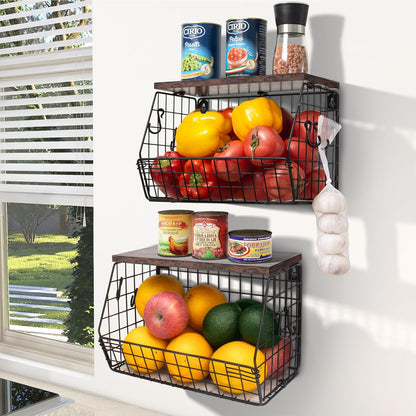 Fruit Bowl, Stackable Wall Mounted Fruit Basket of Smooth Wood Lid with 4 Banana Hanger Hooks