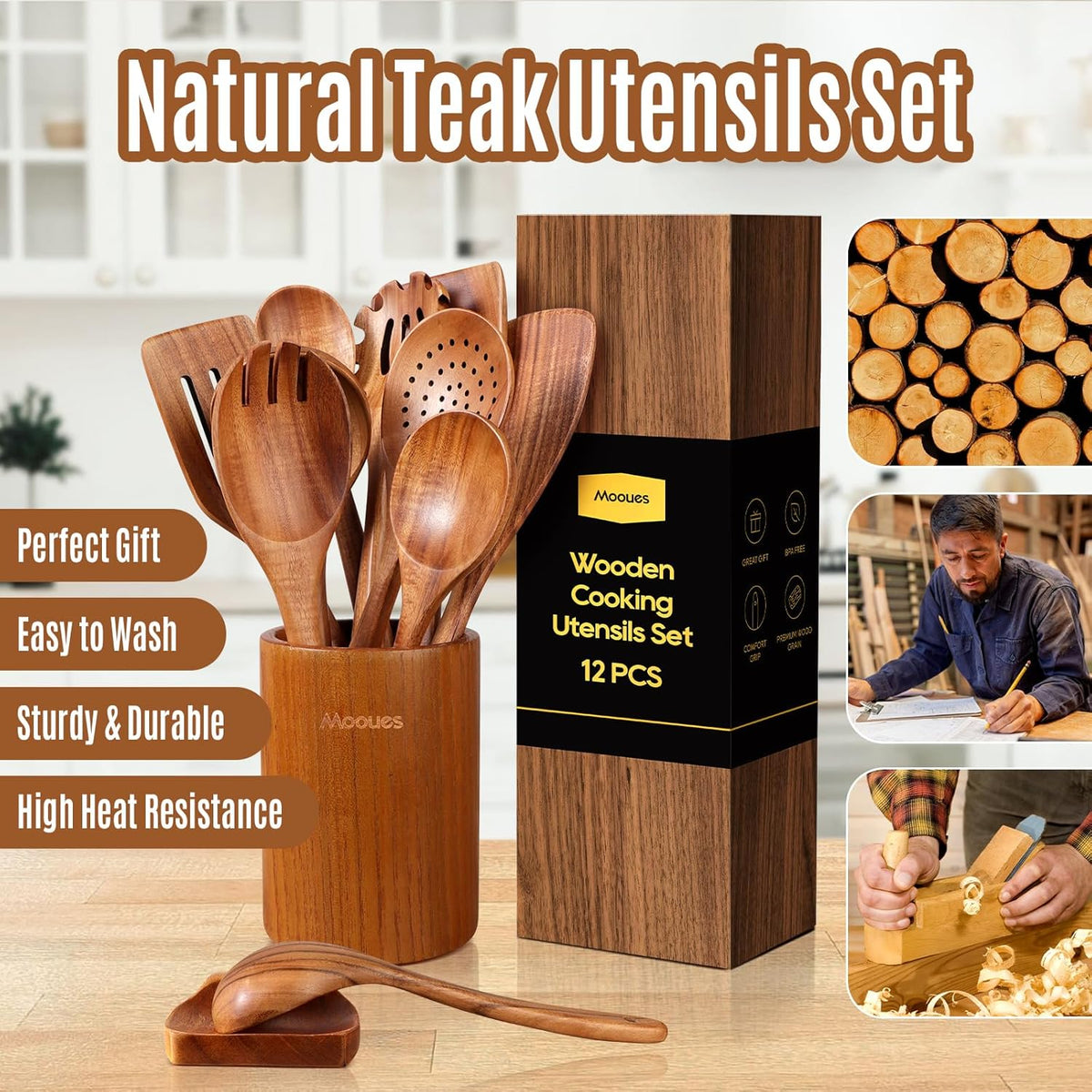 Wooden Spoons for Cooking, 12PCS Teak Wooden Kitchen Utensil Set with Spoon Rest - Smooth Finish