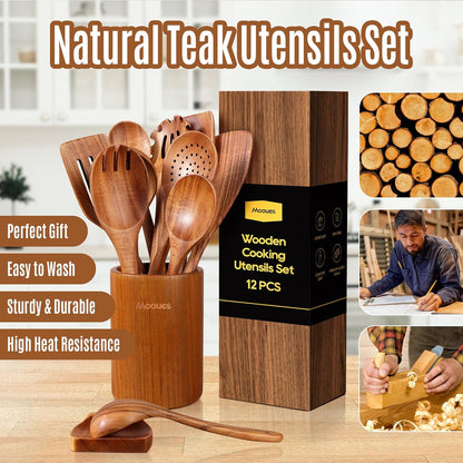 Wooden Spoons for Cooking, 12PCS Teak Wooden Kitchen Utensil Set with Spoon Rest - Smooth Finish