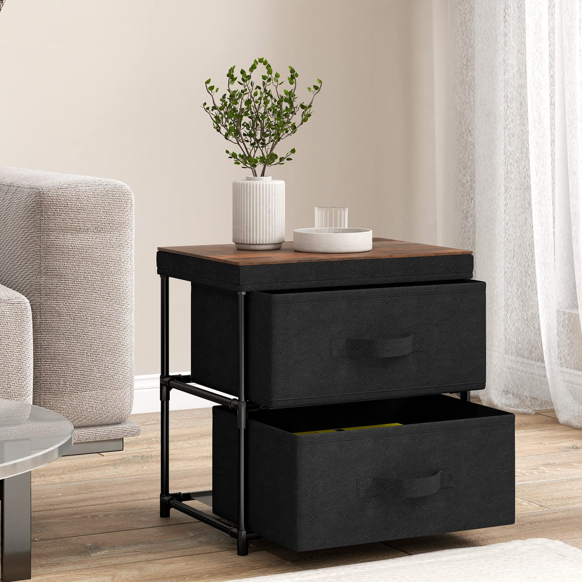 GIANTEX Nightstand with 2 Fabric Drawers, Small Storage Dresser with Metal Frame and Wood Top for