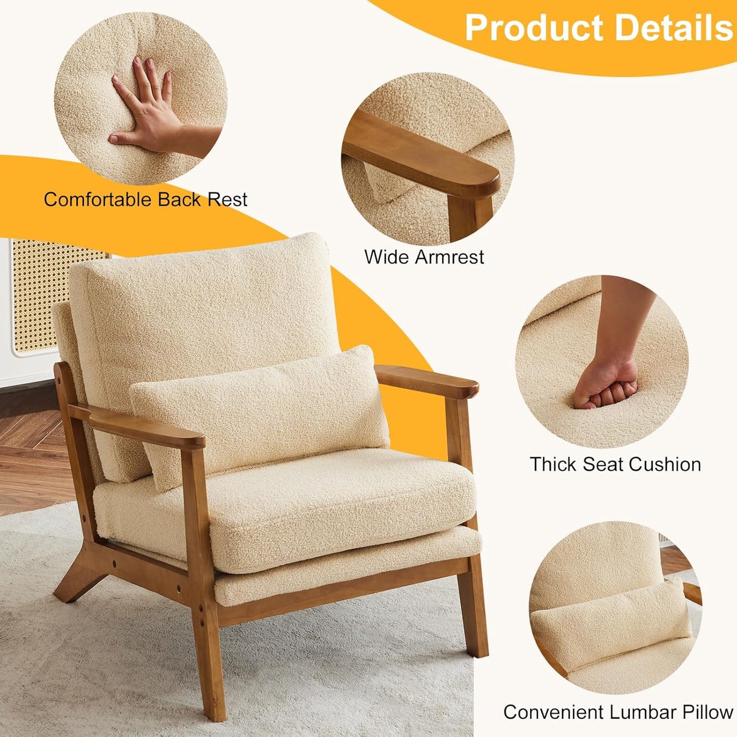 Karl home Accent Chair Wide Armrest Mid-Century Lounge Chair Teddy Fleece Armchair with Lumbar