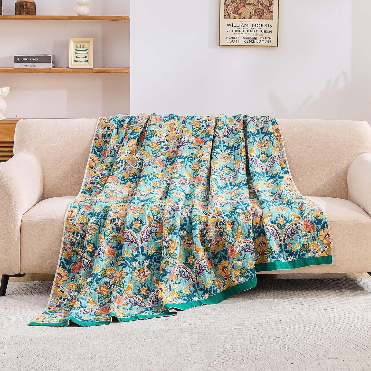 Boho Blanket Throw Quilt, 100% Cotton Soft Light Weight Throw Blankets for Summer, 60"x80"