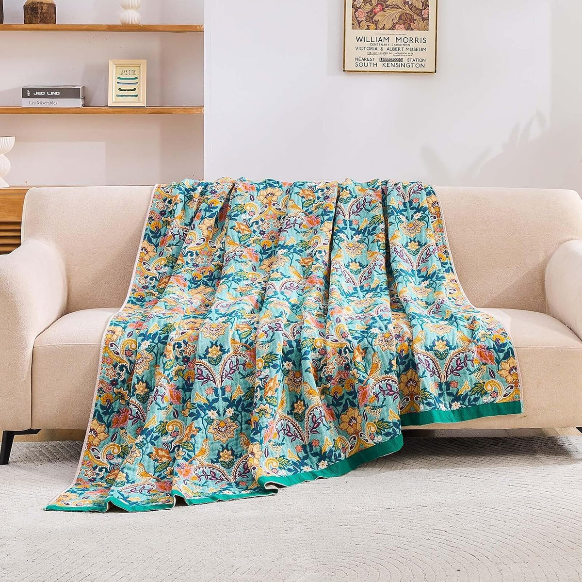Boho Blanket Throw Quilt, 100% Cotton Soft Light Weight Throw Blankets for Summer, 60"x80"