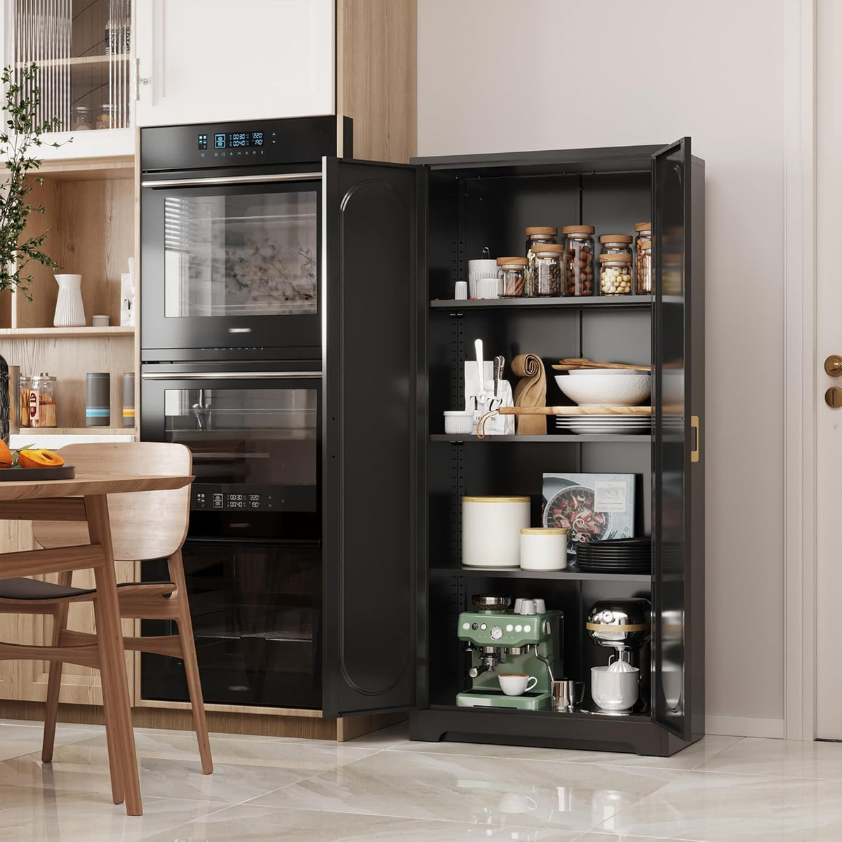 Metal Kitchen Storage Cabinets,60”Pantry Cabinet with Doors and 4 Adjustable Shelves,Tall Black