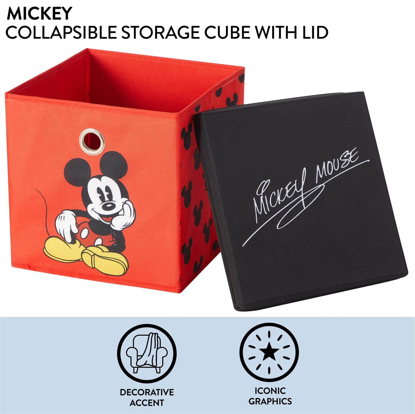 Disney Mickey Mouse Collapsible Storage Cube with Lid, Foldable Fabric Storage Bin for Clothes
