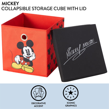Disney Mickey Mouse Collapsible Storage Cube with Lid, Foldable Fabric Storage Bin for Clothes