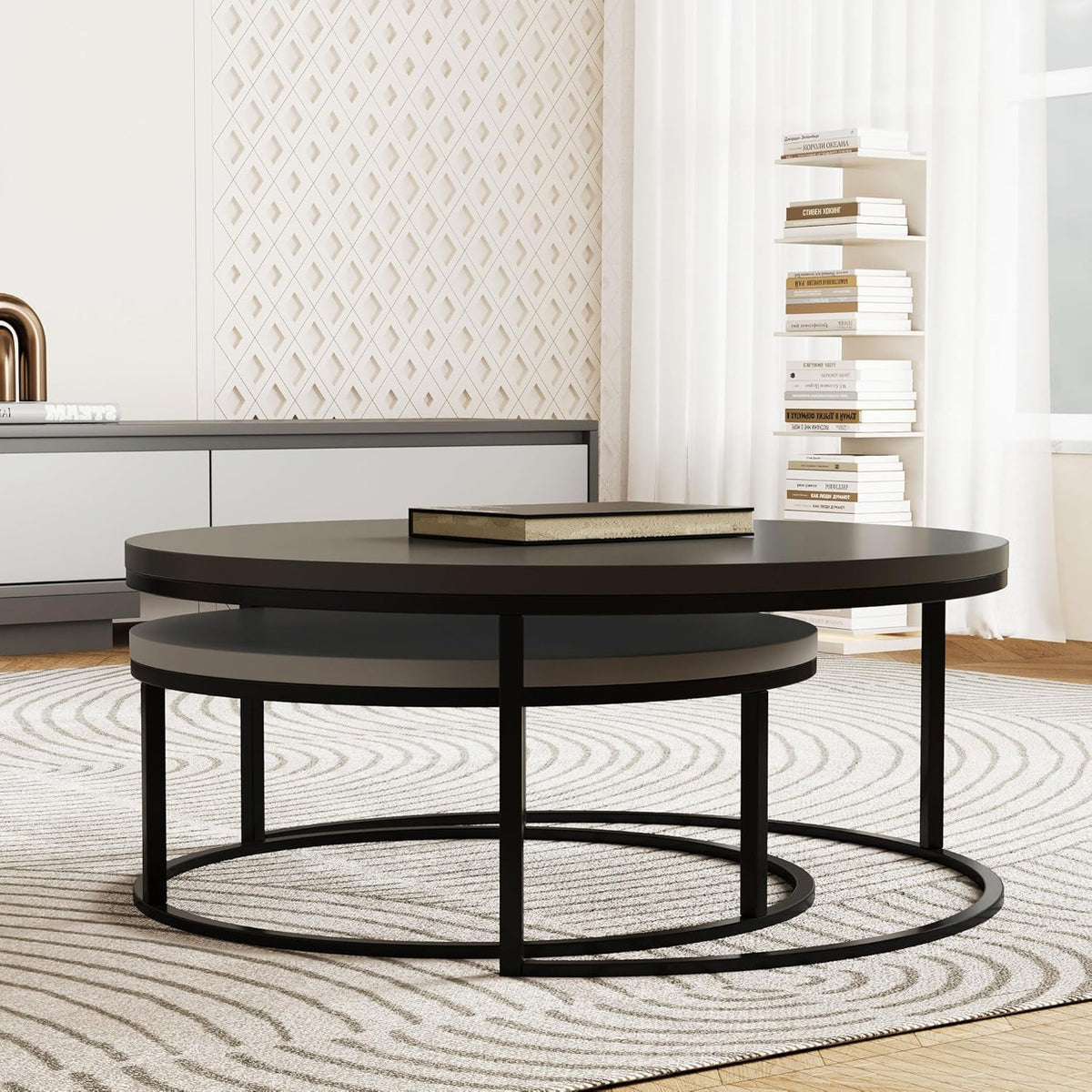 Modern Round Coffee Table Set, Nesting Cocktail Tables with Black Metal Legs, Dark Gray/Light Gray