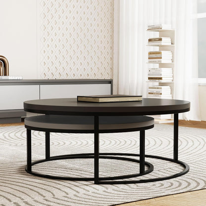 Modern Round Coffee Table Set, Nesting Cocktail Tables with Black Metal Legs, Dark Gray/Light Gray