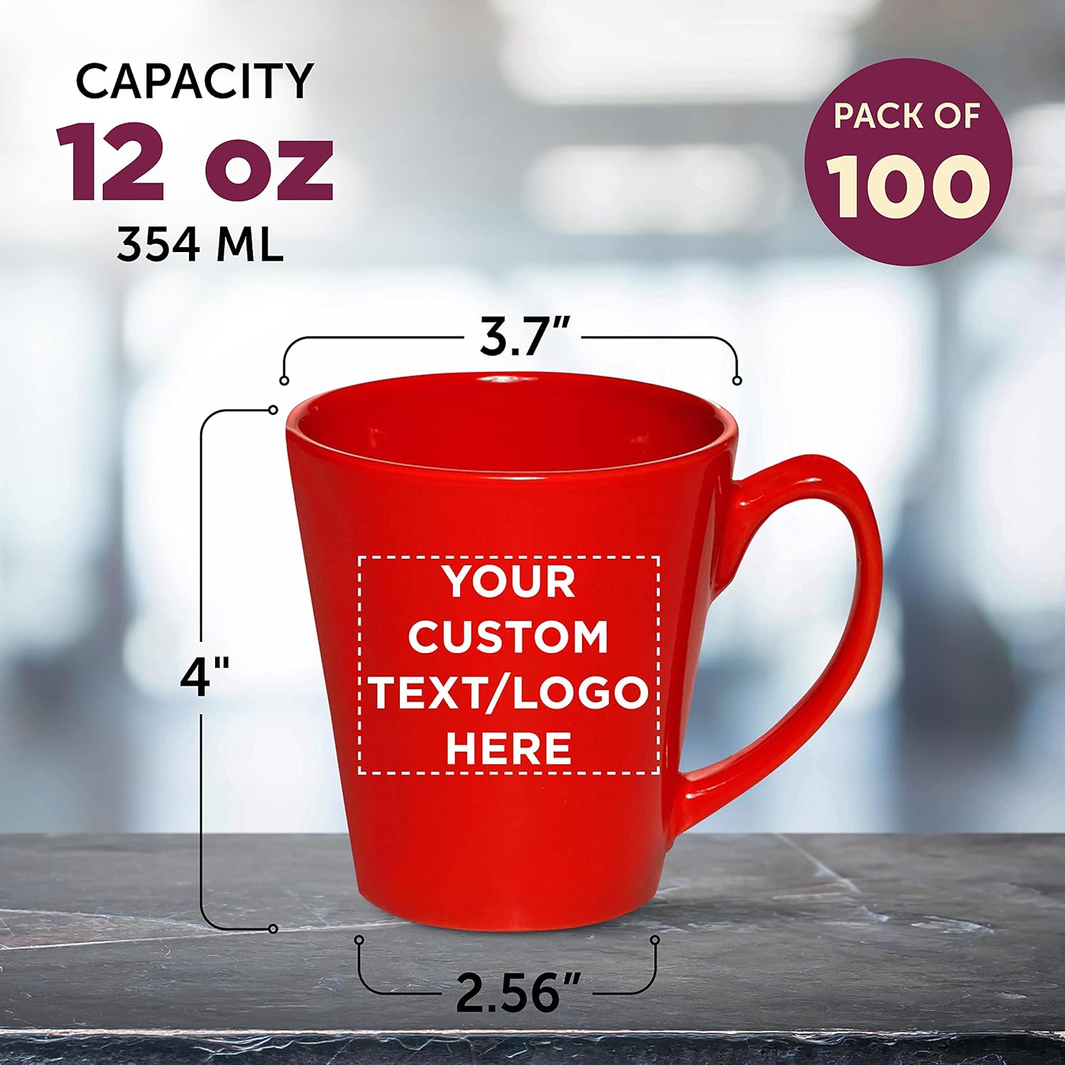 DISCOUNT PROMOS Custom Glossy Ceramic Latte Coffee Mug 12 oz. Set of 100, Personalized Bulk Pack