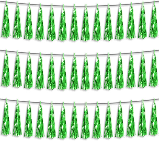 3P Green Foil Fringe Metallic Tassel Streamers Banner Tassel Garland for Parade Floats