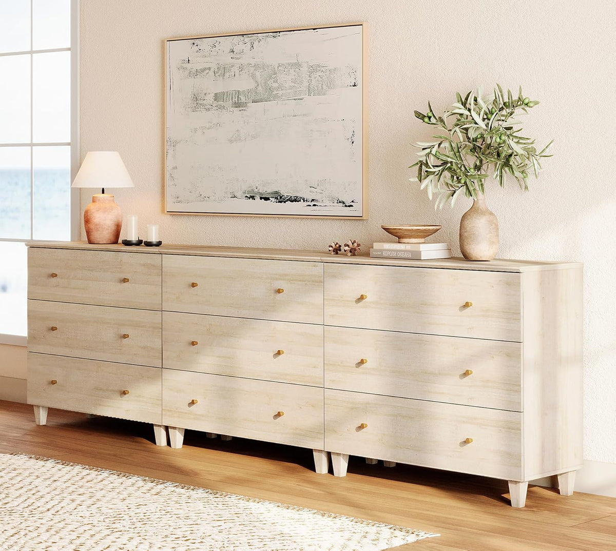 WAMPAT Dresser with 9 Drawers, Bedroom 3-in-1 Wide Wooden Chest of Drawers, Modern Long Dressers