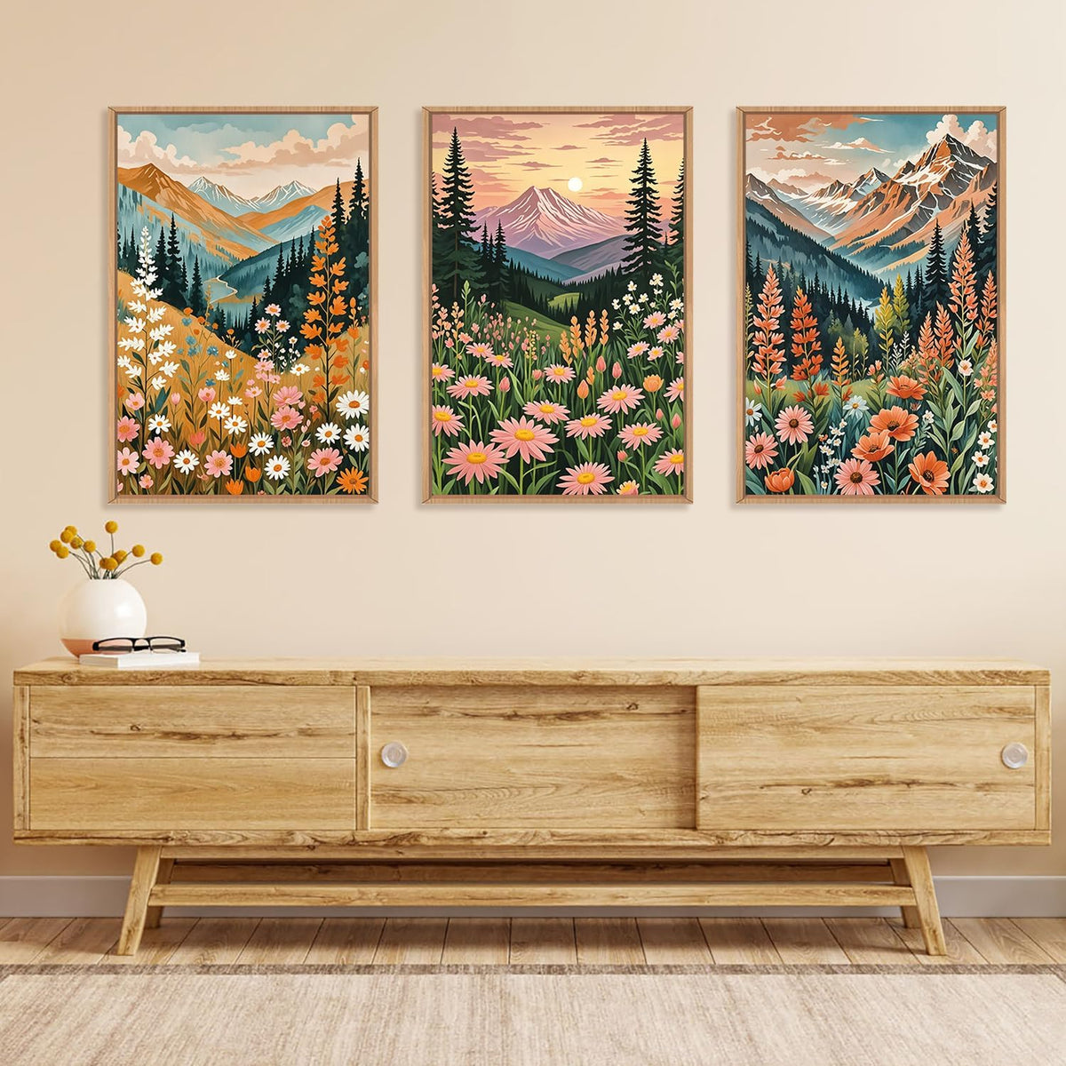 HPINUB Mountain Sunset Floral Framed Canvas Wall Art Set,Colorful Wildflower Daisy Flower Wall