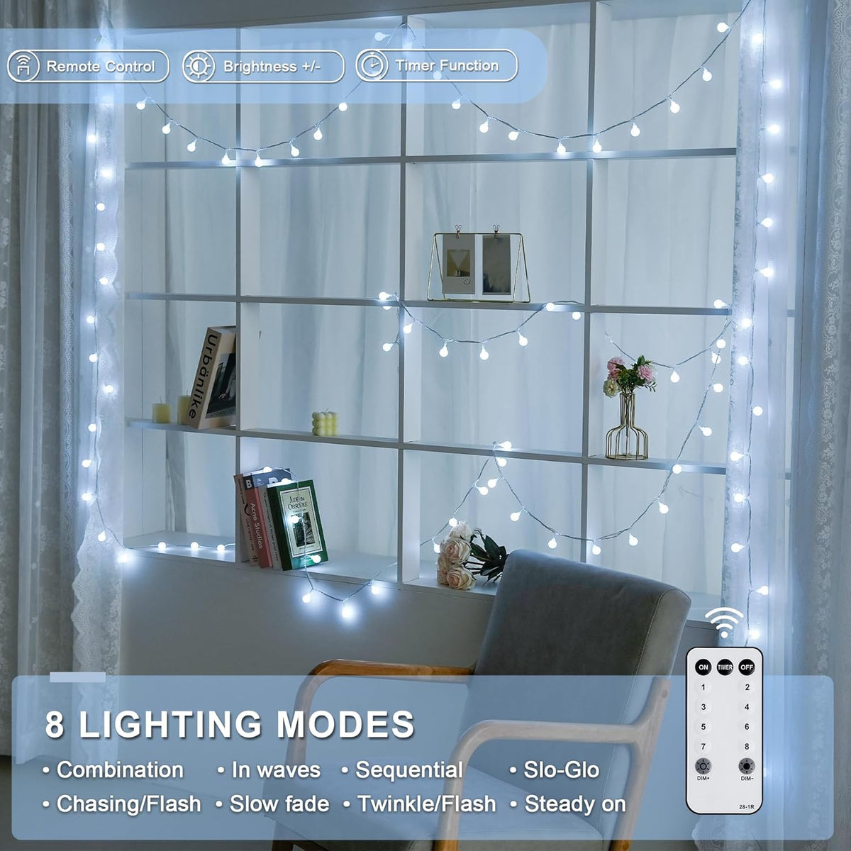 JMEXSUSS 100 LED Connectable Globe String Lights Indoor, 33 ft White String Lights Plug in with