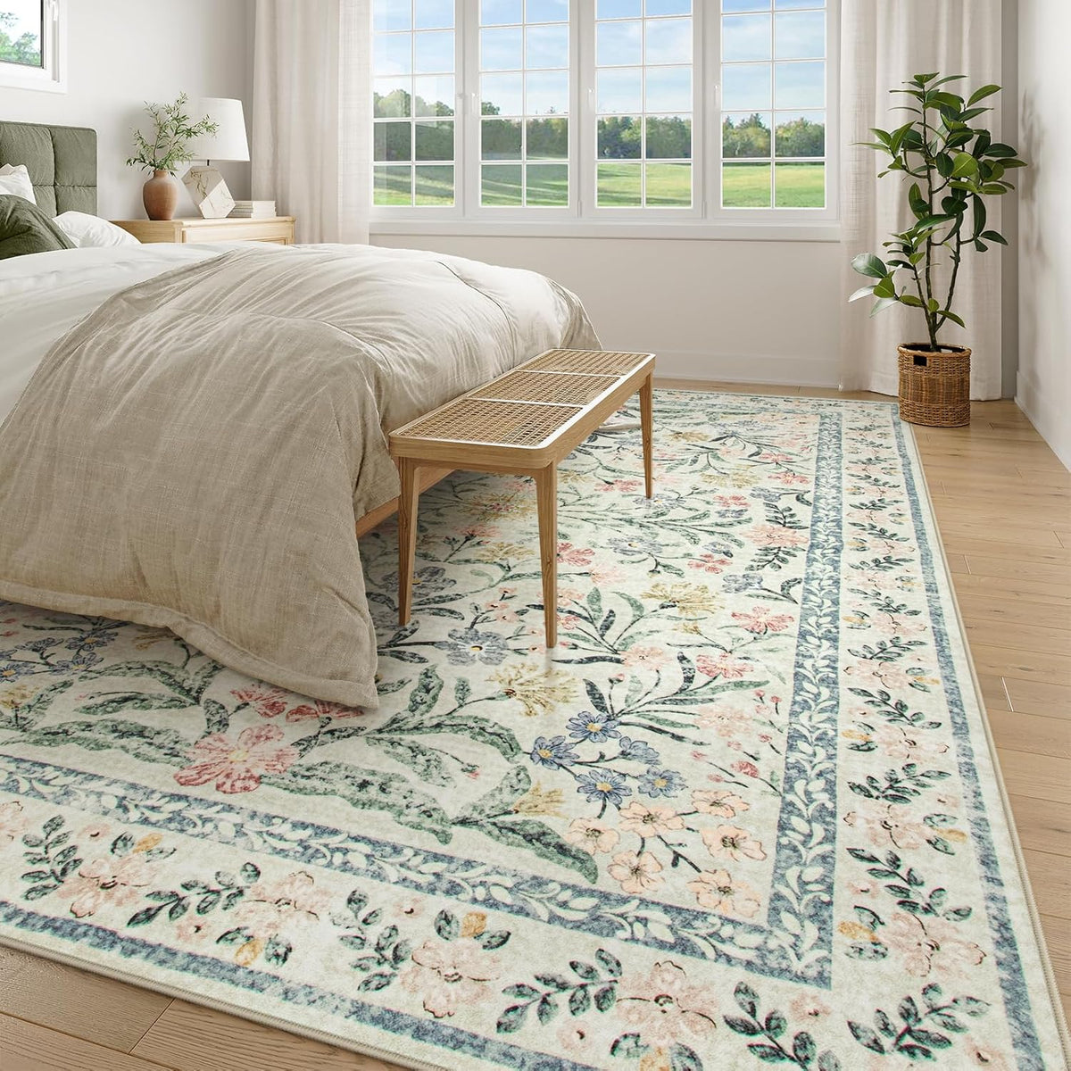Wonnitar Large Living Room Rug, Floral 10 x 14 Machine Washable Area Rugs, Soft Boho Ultra-Thin