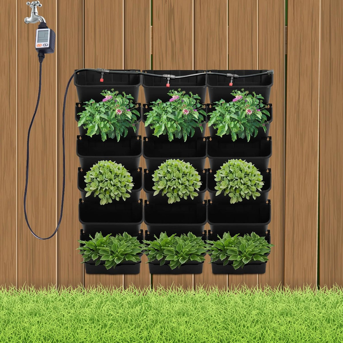 18 Pots Self-Watering Vertical Wall Planter, 39.4”L x 39.4”H Stackable Plastic Wall-Mounted Plant