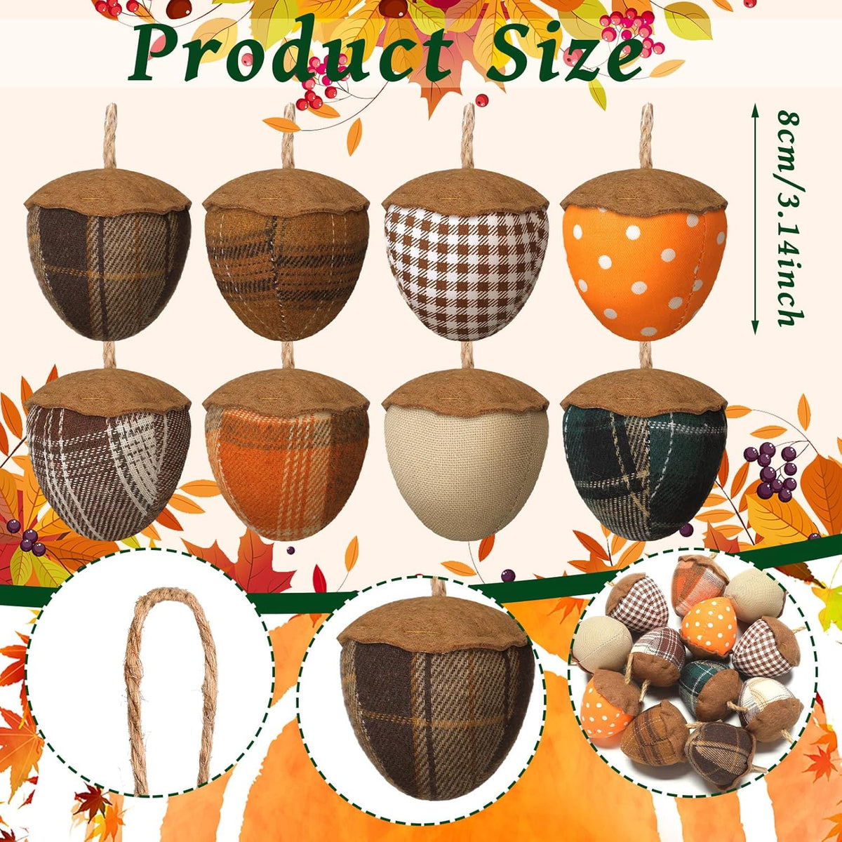 12 Pcs Fall Felt Acorn Ornaments Thanksgiving 3D Fabric Acorn Hanging Ornaments Fall 3.15 Inch