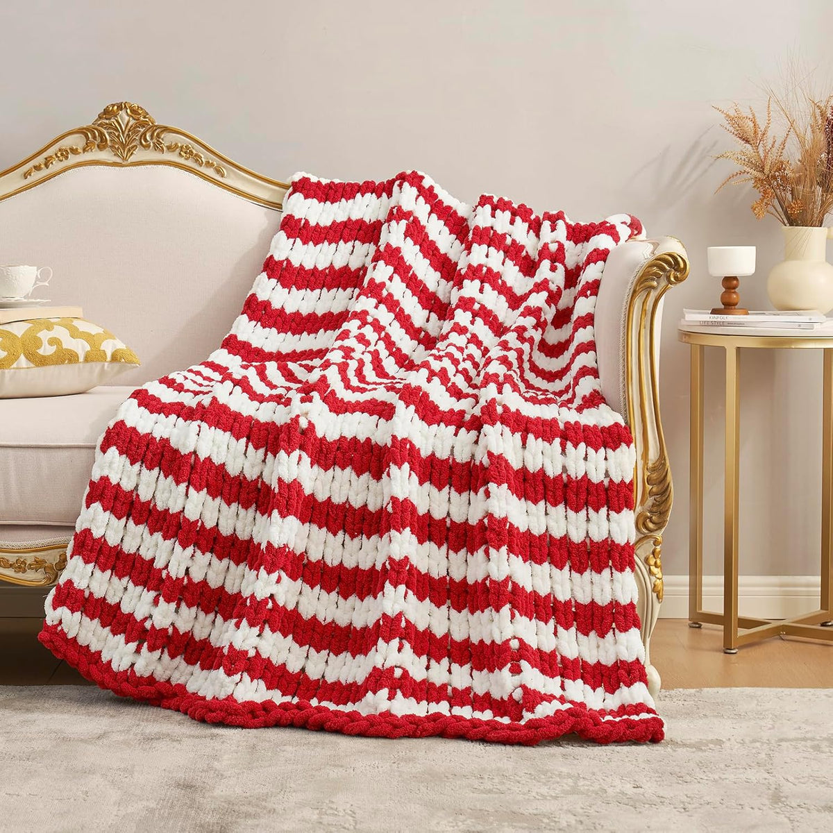 Amélie Home Chunky Knit Blanket Throw, Thick Soft Yarn Chunky Throw 50x60, Handmade Chenille Cable