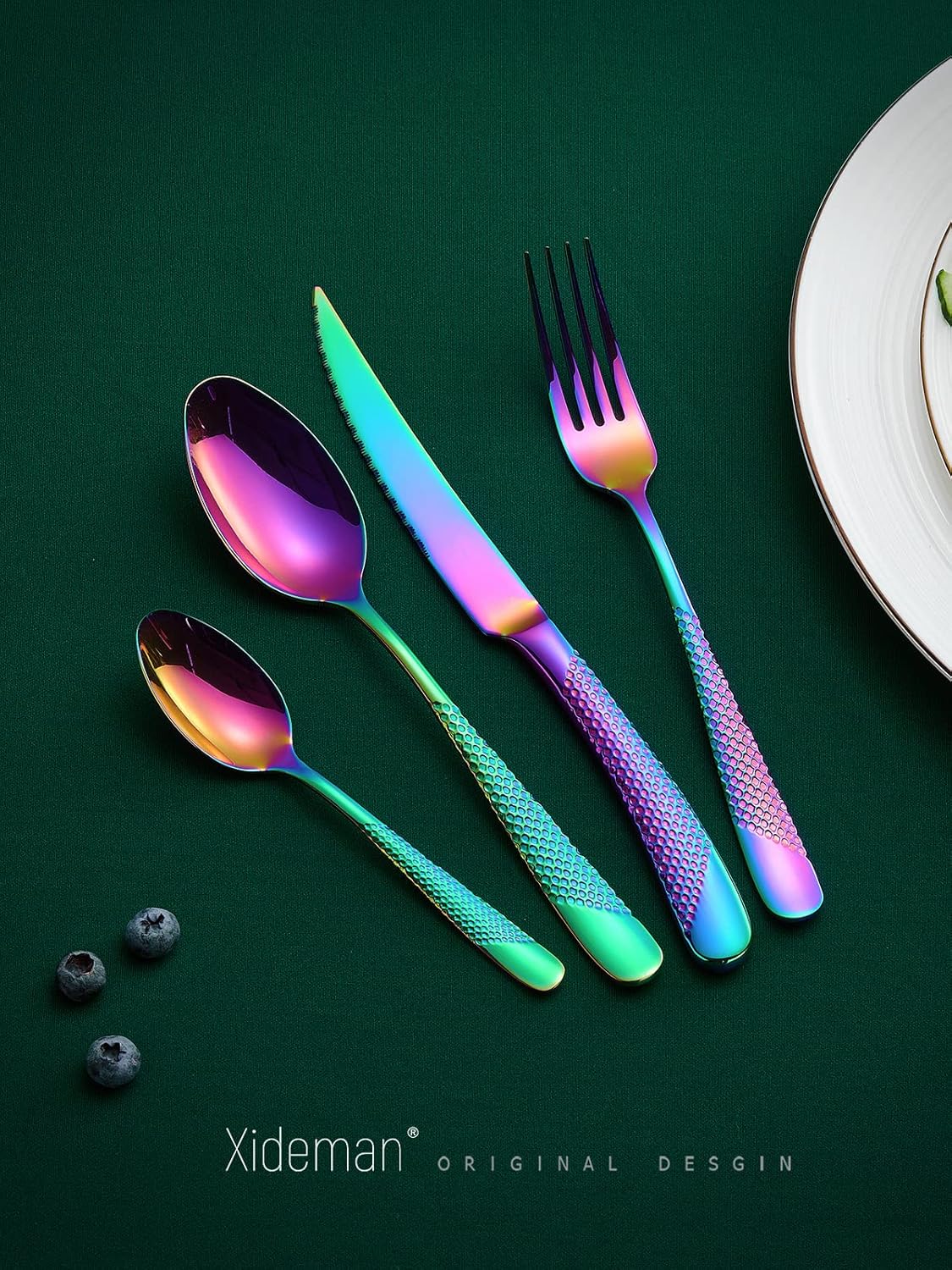 16-Piece Modern Hammered Rainbow Silverware Set with Ultra Sharp 2-IN-1 Serrated Knife, 18/10
