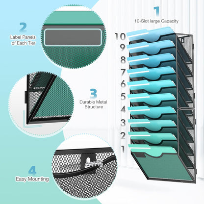 10-Tier Wall File Organizer Hanging Wall File Holder Wall Mount Paper Folder Organize, Mesh