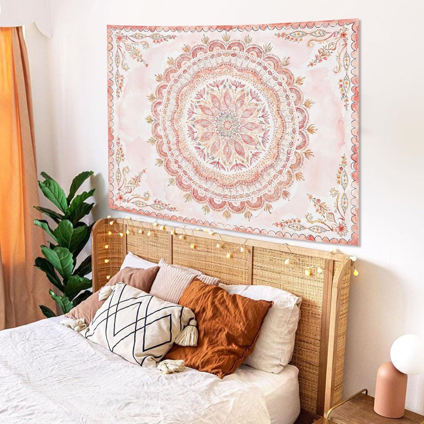Fowocu Boho Floral Mandala Tapestry Wall Hanging Pink Bohemian Flower Medallion Tapestry Aesthetic