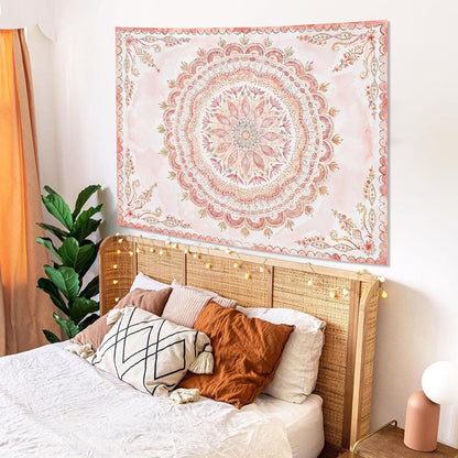 Fowocu Boho Floral Mandala Tapestry Wall Hanging Pink Bohemian Flower Medallion Tapestry Aesthetic