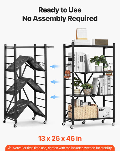 VEVOR 4-Tier Foldable Storage Shelf, 26W x 13D x 46H Inch Folding Metal Rack Shelving Unit, No