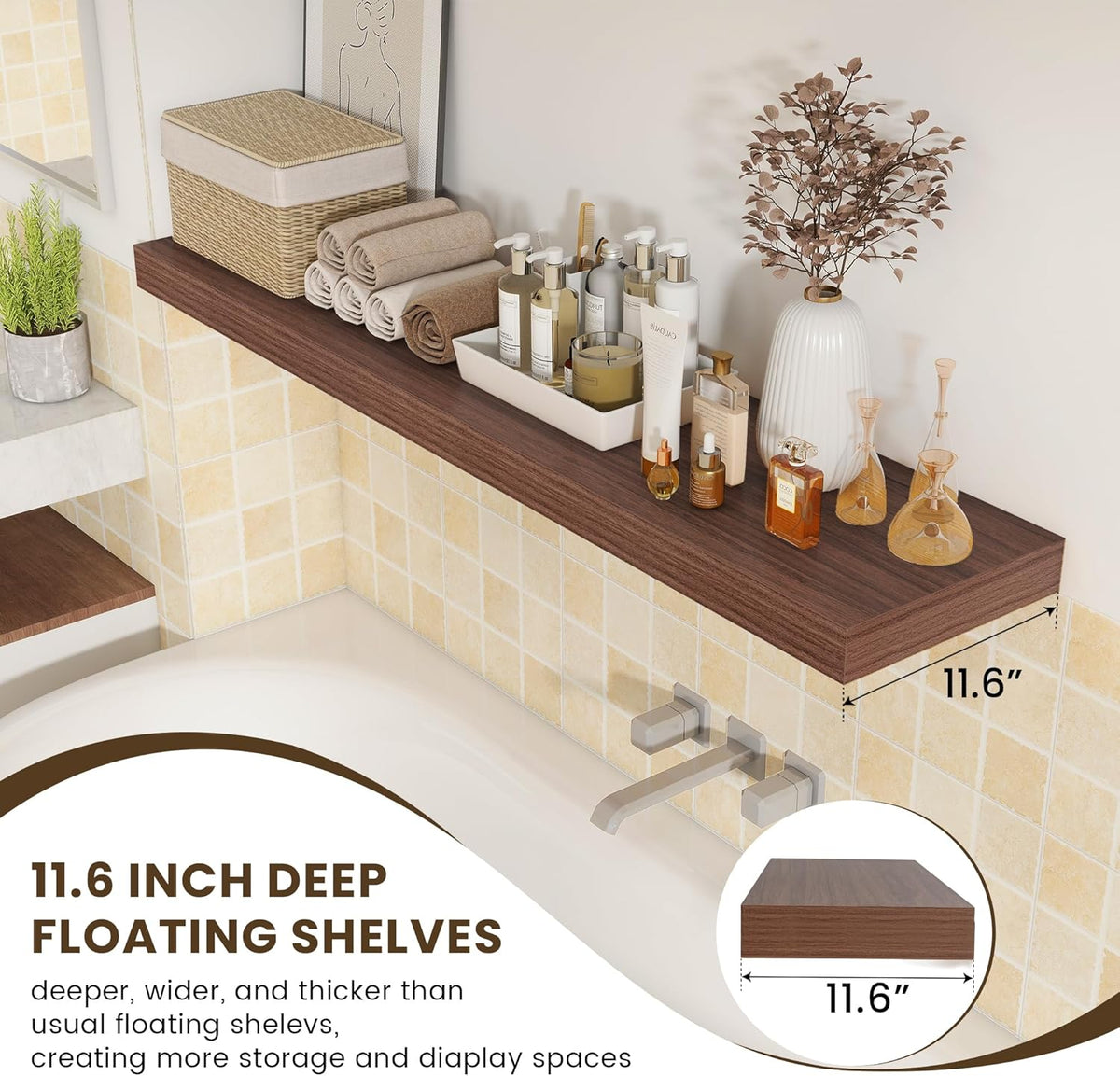 Deep Floating Shelves for Wall - 55 Inch Wide x 12 Inch Deep Wall Shelves Set of 1 - Rustic Walnut