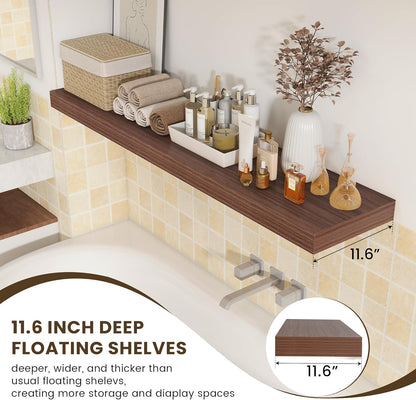 Deep Floating Shelves for Wall - 55 Inch Wide x 12 Inch Deep Wall Shelves Set of 1 - Rustic Walnut