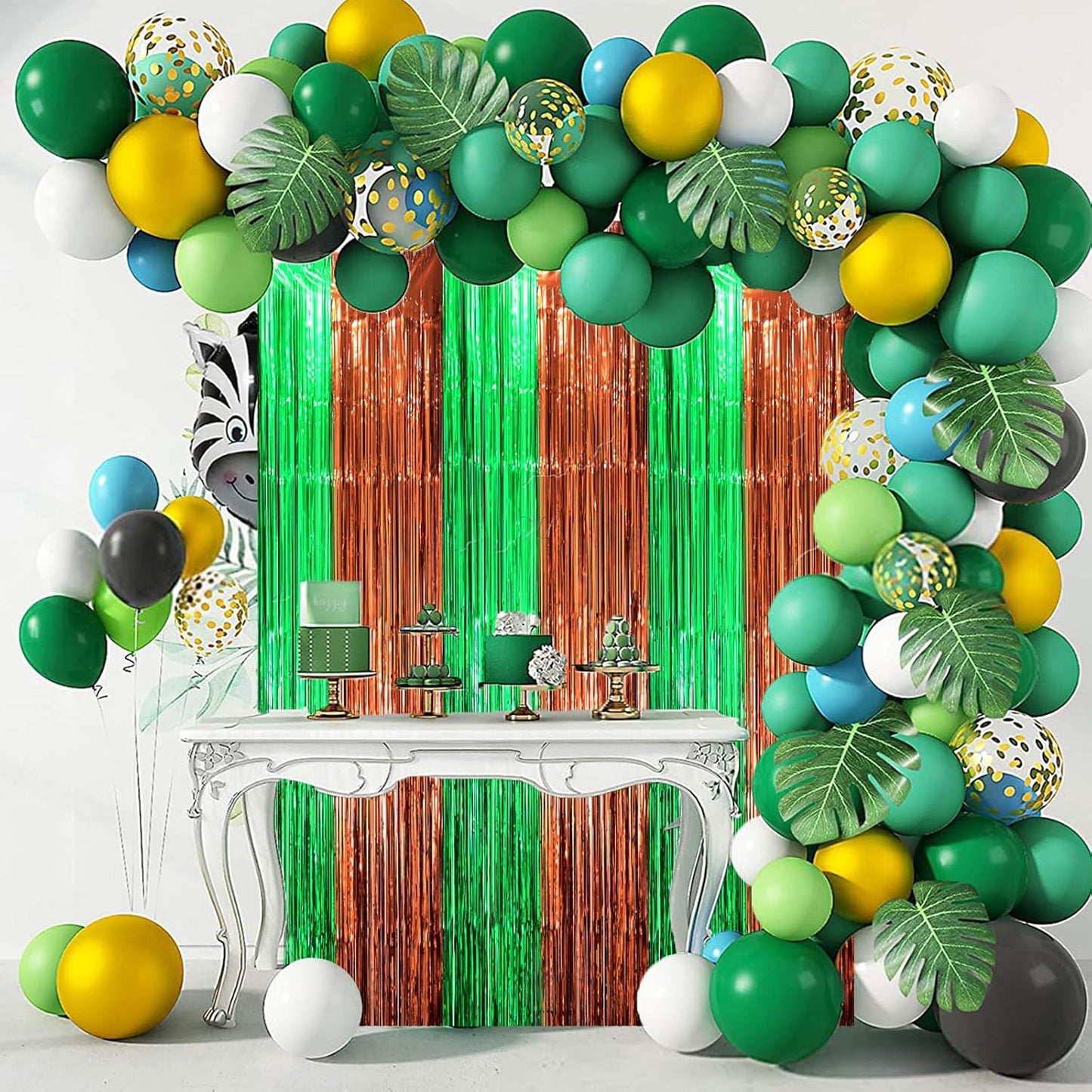 3 Pack 3.3 x 8.2 ft Green and Brown Foil Fringe Backdrop Curtains, Tinsel Streamers Party